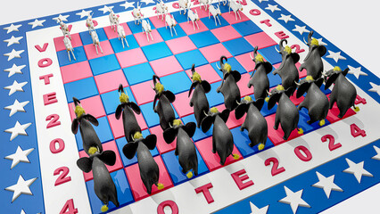 Illustration for US presidential election 2024. Election day. Vote 2024. Elephants and donkeys in the chess board.