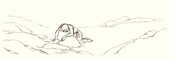 Pencil drawing. A man who escaped ashore after a shipwreck