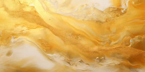 Photo sur Plexiglas Photographie macro Gold fluid featuring marbling paint and textured background. This captivating design showcases the elegance of flowing golden.
