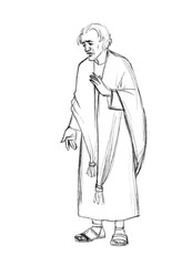 Pencil drawing. A woman begs the prophet Elisha for help