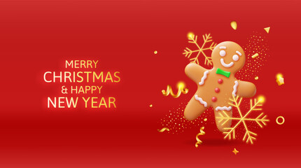 Obraz na płótnie Canvas 3D Holiday Gingerbread Man Cookie and Confetti. Render Cookie in Shape of Man with Colored Icing. Happy New Year Decoration. Merry Christmas Holiday. New Year Xmas Celebration. Vector illustration