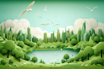 Ecology and environment conservation creative idea concept design.Green eco urban city and nature landscape background paper art style
