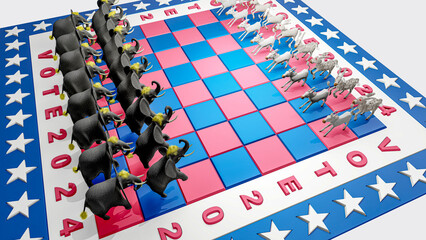 Illustration for US presidential election 2024. Election day. Vote 2024. Elephants and donkeys in the chess board.