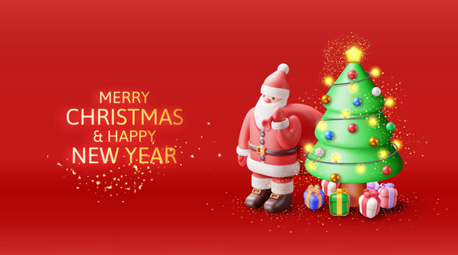3D Santa Claus with Bell and Green Christmas Tree. Render Happy New Year Decoration Banner. Merry Christmas Holiday. New Year and Xmas Celebration. Realistic Vector Illustration
