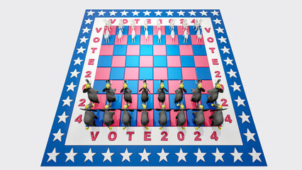 Illustration for US presidential election 2024. Election day. Vote 2024. Elephants and donkeys in the chess board.