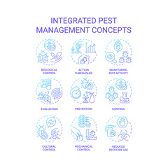 Collection of 2D gradient thin line icons representing integrated pest management, isolated vector, linear illustration.