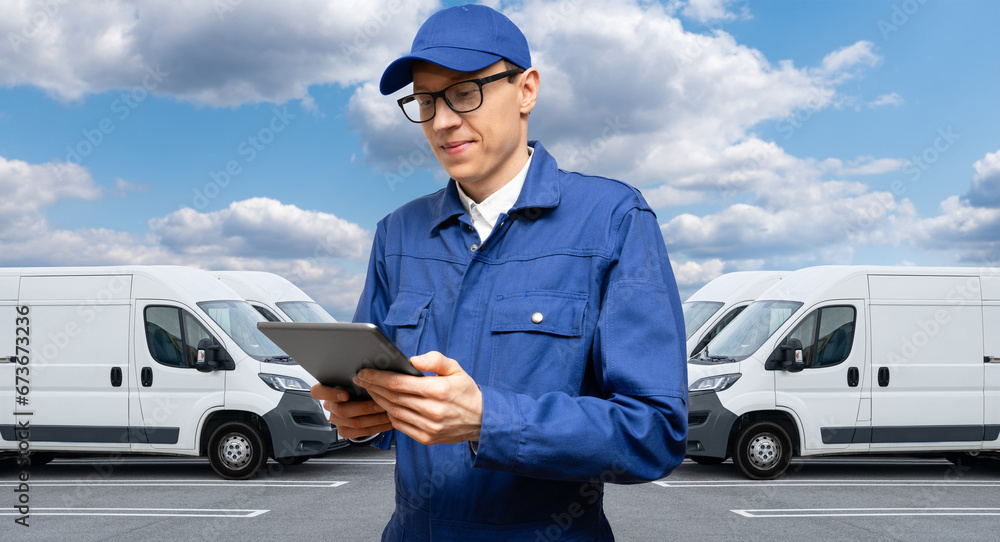 Aufkleber manager with a digital tablet on the background of vans. fleet management
