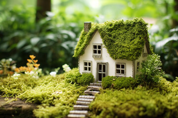 Fototapeta na wymiar Eco friendly house. White home on moss in garden. Real estate investment and housing architecture and nature background.