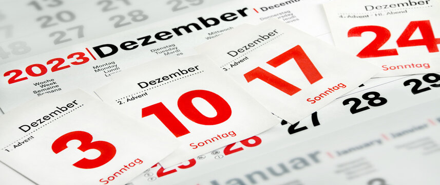 Deutscher Kalender und Advent im Dezember 2023  Adventszeit und alle Adventstage
