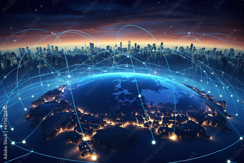 Poster connection lines around the earth's surface, future technology backdrop with circles and lines. inte