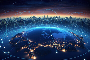 Connection lines around the Earth's surface, future technology backdrop with circles and lines. Internet, social media, travel, or logistical concepts.