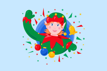 Christmas fairy elf in green elegant clothes joyfully waves his hand. Xmas character in cartoon style. Festive New Year vector illustration isolated on blue background for decoration of holiday design