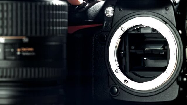 Operation of the release mechanisms of a SLR camera. Filmed on a high-speed camera at 1000 fps. High quality FullHD footage