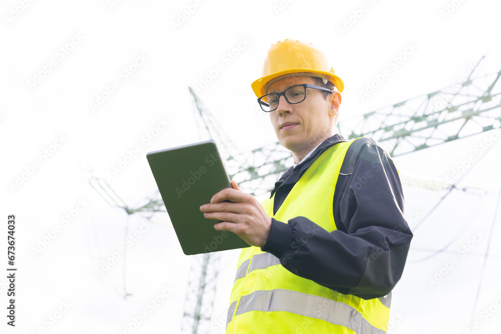 Poster Engineer with digital tablet on a background of power line tower.