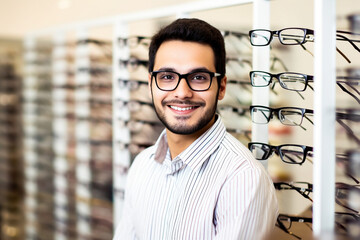 Man chooses glasses in an optical store