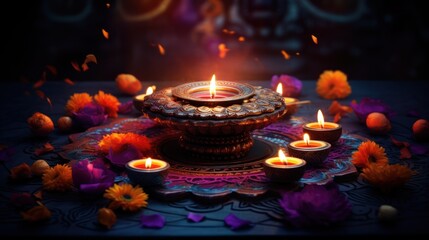 Colorful clay diya lamps with flowers on purple background. Colorful rangoli during diwali celebration. Happy Diwali - Clay Diya lamps lit during Dipavali, Hindu festival of lights celebration.