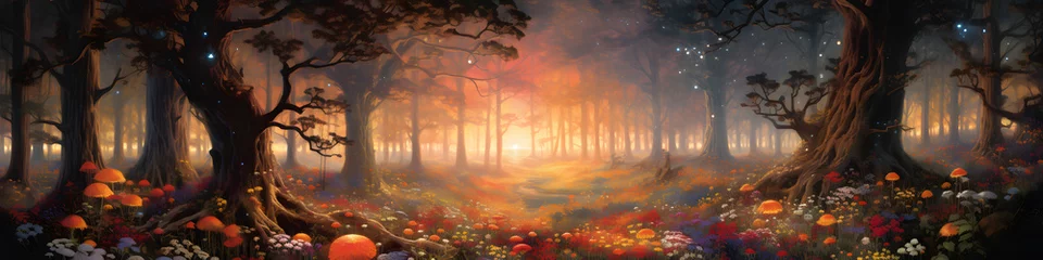 Foto op Canvas Mystical, animated forest with fairy lights among dense, colorful vegetation, including flowers and mushrooms. Luminous flora creates a magical ambiance. © Piotr