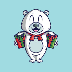 Cute cartoon polar bear in christmas red hat, scarf holding christmas gift. Funny cartoon illustration for Christmas cards and posters.