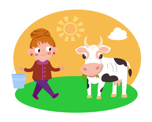 Cute farmer and cow in farm. Animal and people. Cartoon funny character. Vector illustration for kids on background.