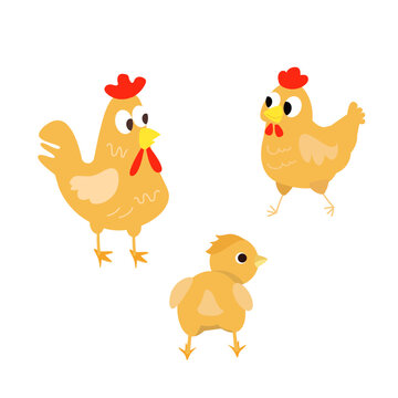 Cute cartoon animals on farm for design. Isolated illustration on background. Vector picture for books, workbooks, cards. Chickens of different ages. 