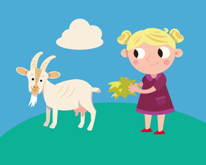 Cute farmer and goat in farm. Animal and people. Cartoon funny character. Vector illustration for kids on background.