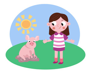 Cute girl and pig in farm. Animal and people. Cartoon funny character. Vector illustration for kids on background.