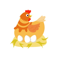 Cute cartoon animal on farm for design. Hen with eggs on nest. Isolated illustration on background. Vector picture for books, worksheets, cards. 