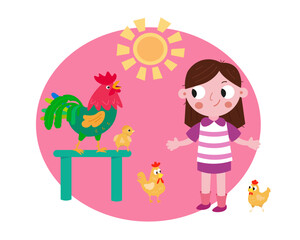Cute girl, rooster, chicken in garden. Nature and animal, domestic birds. Cartoon funny character. Vector illustration for kids on white background.