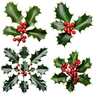 top view of holly leaves with red berries