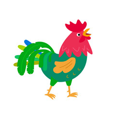 Cute cartoon animals on farm for design. Colourful cockerel. Isolated illustration on background. Vector picture for books, workbooks, cards. 
