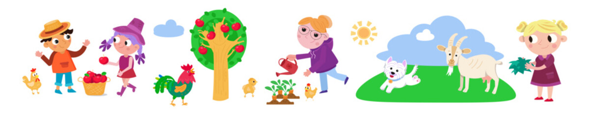 Cute cartoon set of animals and people on farm for design. Isolated characters illustration on background. Vector picture for books, workbooks, cards. 