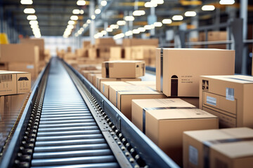 Closeup of multiple cardboard box packages seamlessly moving along a conveyor belt in a warehouse fulfillment center, a snapshot of e-commerce, delivery, automation and products.