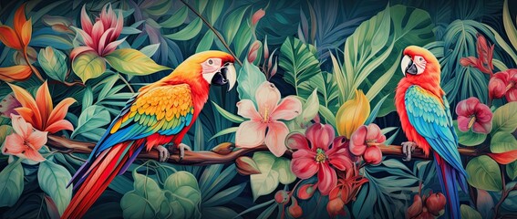 Realistic background of a parrot perched on a branch.