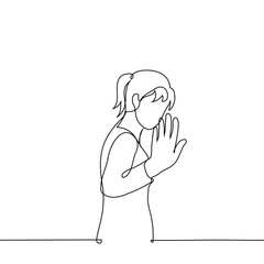 woman leaves waving hand - one line art vector. concept saying goodbye while leaving, stop gesture
