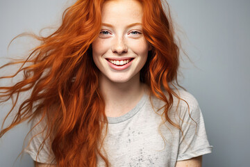 Closeup of happy attractive young woman with long wavy red hair and freckles wears stylish t shirt looks happy and smiling isolated over background