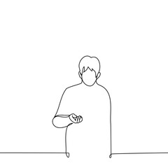 man stands with an outstretched hand or looks at a change in his hand - one line art vector. concept begging, counting change