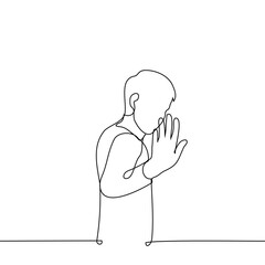 man leaves waving hand - one line art vector. concept saying goodbye while leaving, stop gesture