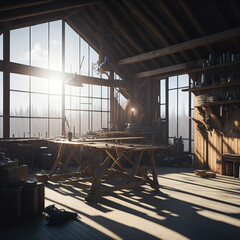 Woodworking Hangar With Workbench, Wooden Planks, Large Windows With Sun Light, Generative Ai