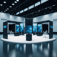 Modern IT Business Gaming Convention With Demonstration Booths And Monitors, Large Hall Interior, Generative AI - obrazy, fototapety, plakaty