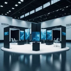 Deurstickers Modern IT Business Gaming Convention With Demonstration Booths And Monitors, Large Hall Interior, Generative AI © Phoenix_Renders