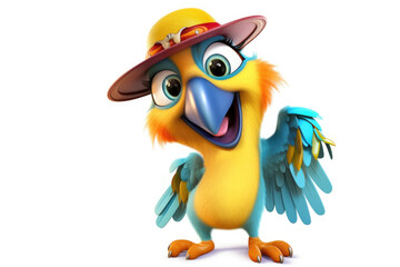 Fototapeta premium Funny cartoon parrot in hat isolated on white background