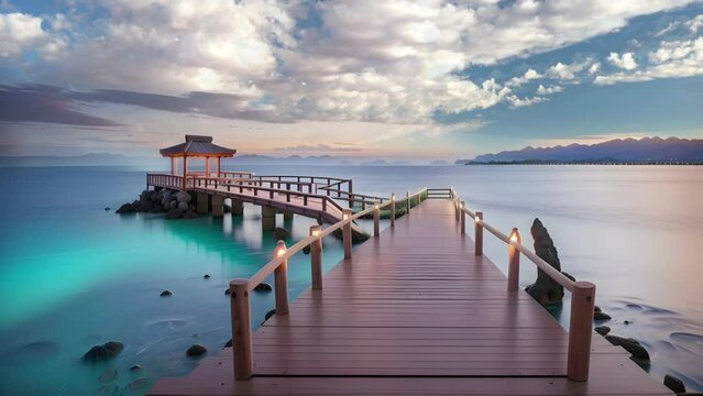 wooden bridge stands as a symbol of serenity and connection to the tranquil atmosphere