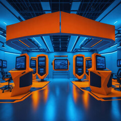 Modern IT Business Gaming Convention With Demonstration Booths And Monitors, Large Hall Interior, Generative AI