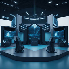 Modern IT Business Gaming Convention With Demonstration Booths And Monitors, Large Hall Interior, Generative AI
