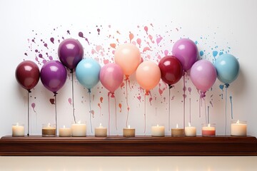 An abstract background image for creative content, featuring colorful balloons with candles below them, set against a clean white background. Photorealistic illustration