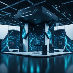 Modern IT Business Gaming Convention With Demonstration Booths And Monitors, Large Hall Interior, Generative AI