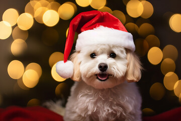Maltipoo dog wearing Santa's hat with Christmas tree in the background