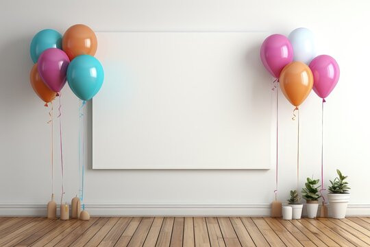 An abstract and versatile background image for creative content, offering a blank canvas for customization, featuring colorful balloons on both sides. Photorealistic illustration