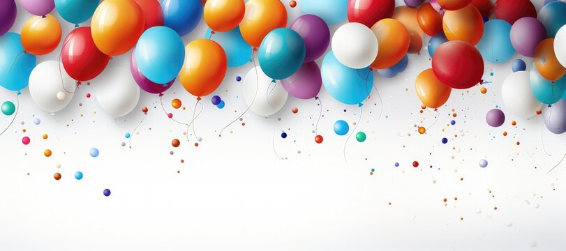 An abstract and visually engaging wide-format background image for creative content, featuring vibrant and colorful balloons on the top with ample room for customization. Photorealistic illustration