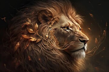 Naklejka premium Lion head with golden leaves on a black background. The powerful king of beasts looks into the distance. Generated by AI